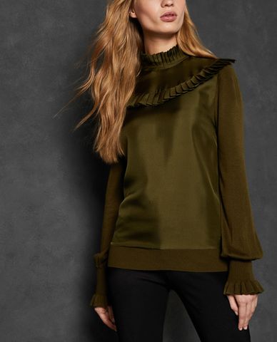  TED BAKER - Áo kiểu nữ tay dài cổ cao phối bèo Taytiee 