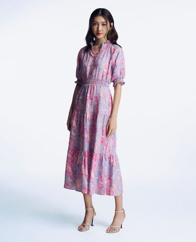  GIGI - Đầm xếp tầng midi cổ trụ tay ngắn phối hoạ tiết thời thượng 