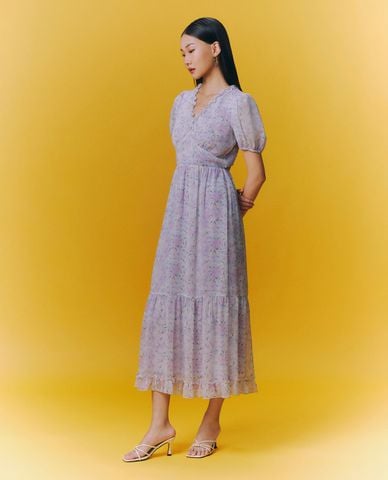  GIGI - Đầm xếp tầng midi cổ V tay ngắn phồng phối hoa nhí 