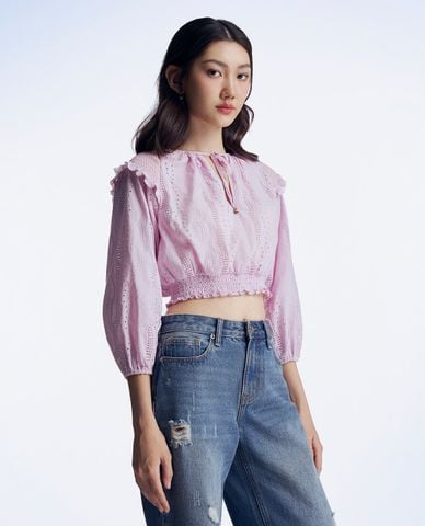  GIGI - Áo croptop nữ cổ tròn tay dài phối bèo điệu đà 