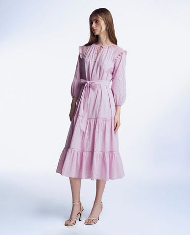  GIGI - Đầm xếp tầng midi cổ tròn tay dài phối thắt lưng điệu đà 