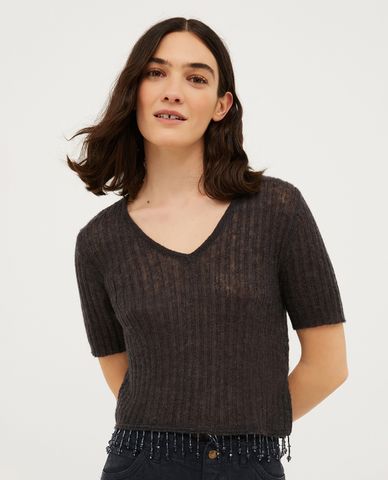  MAX&Co. - Áo croptop dệt kim cổ V phối tua rua Lambro 