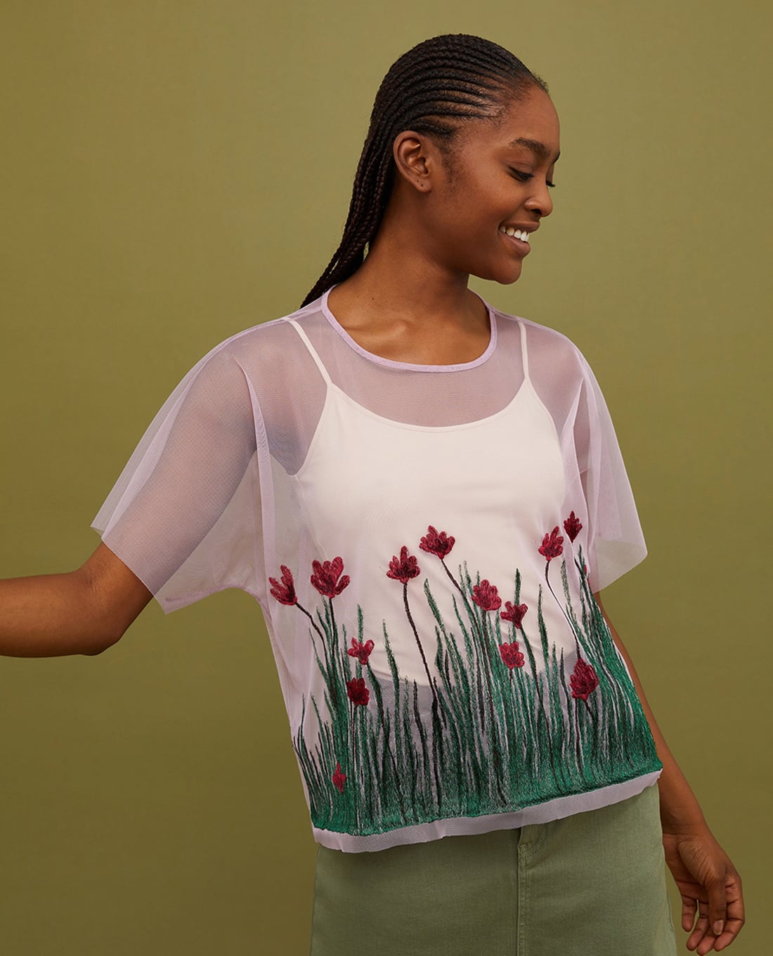 MAX&Co. - Áo kiểu cổ tròn tay ngắn xuyên thấu thêu hoa Spring Blossom