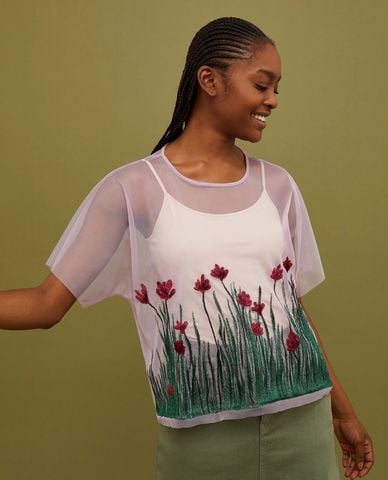  MAX&Co. - Áo kiểu cổ tròn tay ngắn xuyên thấu thêu hoa Spring Blossom 