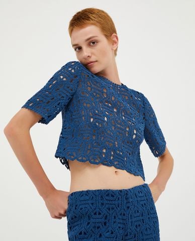  MAX&Co. - Áo croptop nữ cổ tròn tay ngắn phối ren Morfeo 