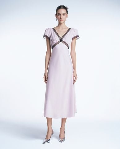  GIGI - Đầm midi cổ V tay ngắn phối ren quyến rũ 