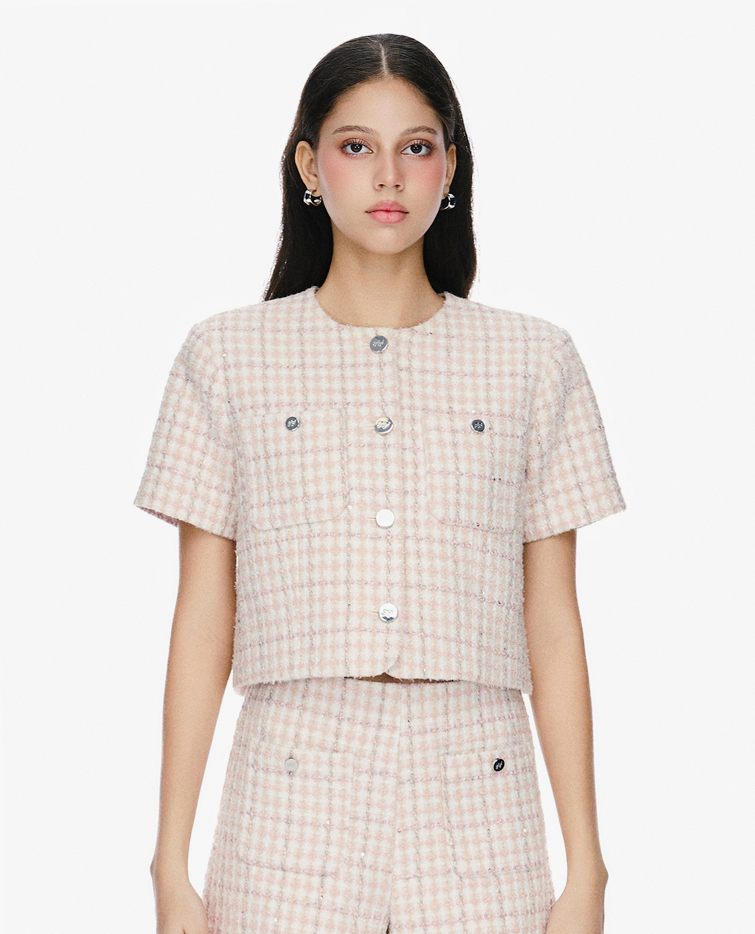 GIGI - Áo khoác tweed nữ tay ngắn cổ tròn thời trang