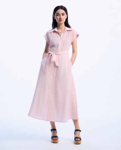  GIGI - Đầm sơ mi midi cổ bẻ tay ngắn kẻ sọc trẻ trung 