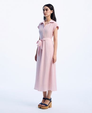 GIGI - Đầm sơ mi midi cổ bẻ tay ngắn kẻ sọc trẻ trung 