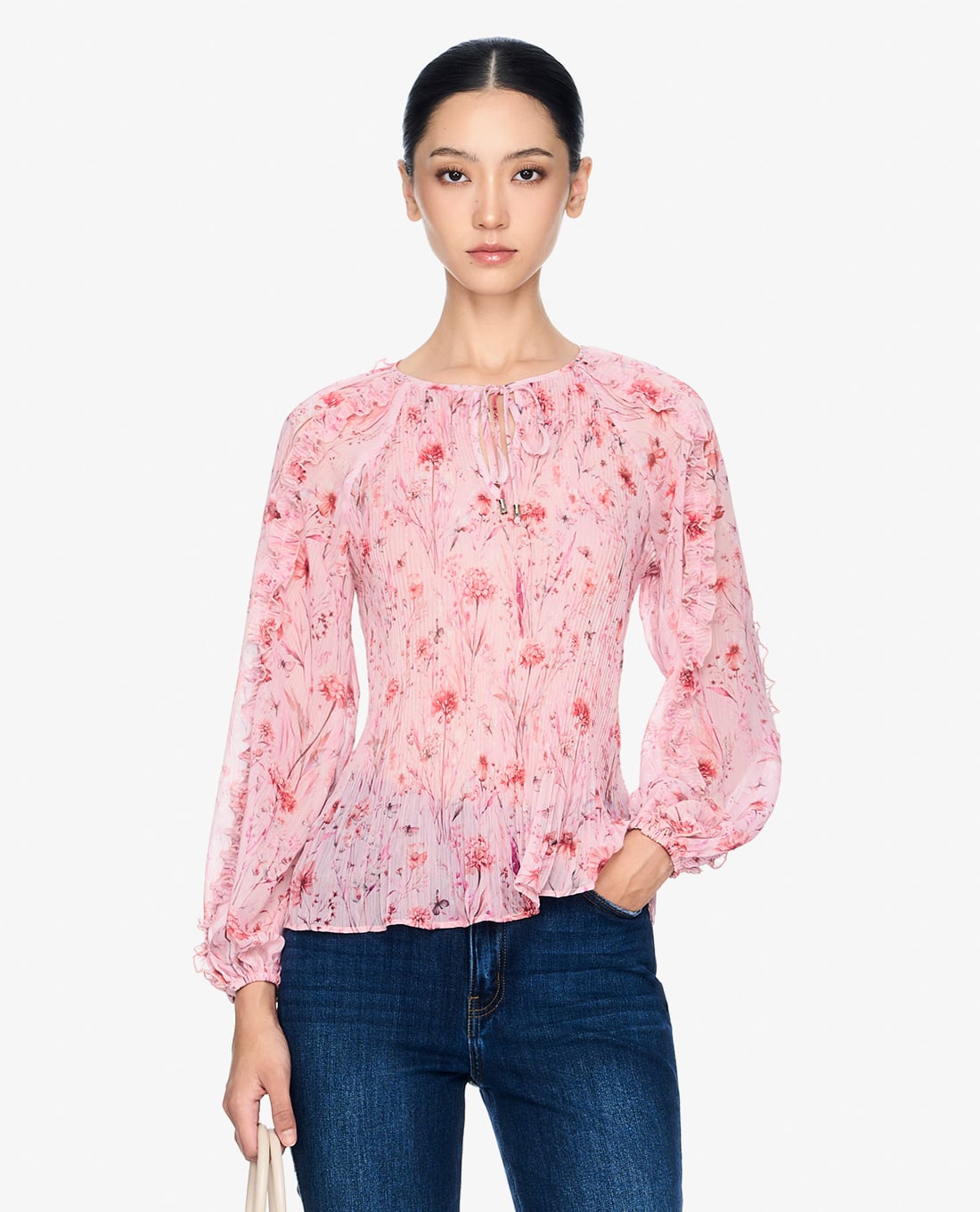 GIGI - Áo kiểu nữ cổ tròn tay dài phối hoạ tiết hoa nữ tính