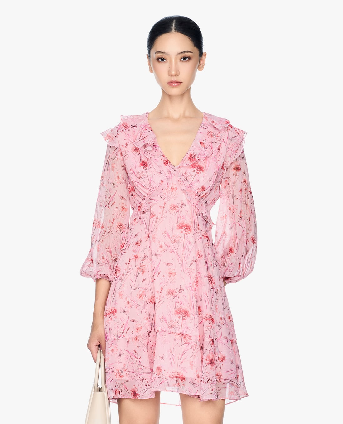 GIGI - Đầm xếp tầng mini cổ V tay dài thời trang