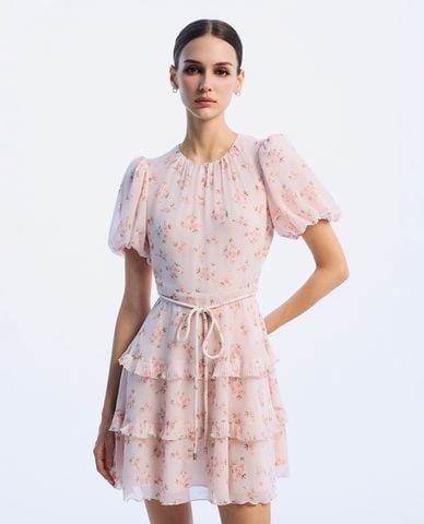  GIGI - Đầm xếp tầng mini cổ tròn tay ngắn trẻ trung 