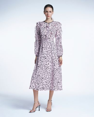  GIGI - Đầm midi cổ tròn tay dài phối bèo trang trí hoạ tiết nữ tính 