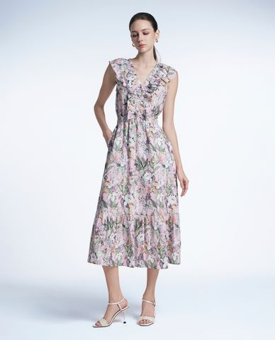  GIGI - Đầm sát nách midi xếp tầng cổ V phối bèo phối hoạ tiết nổi bật 