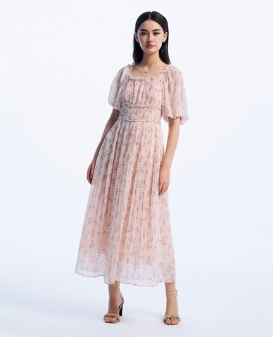  GIGI - Đầm xếp li midi cổ vuông tay ngắn hiện đại 