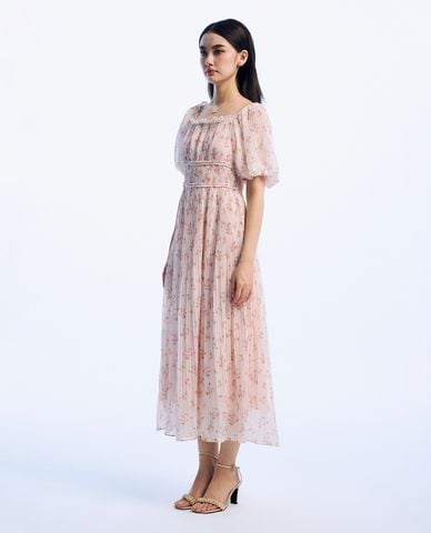  GIGI - Đầm xếp li midi cổ vuông tay ngắn hiện đại 