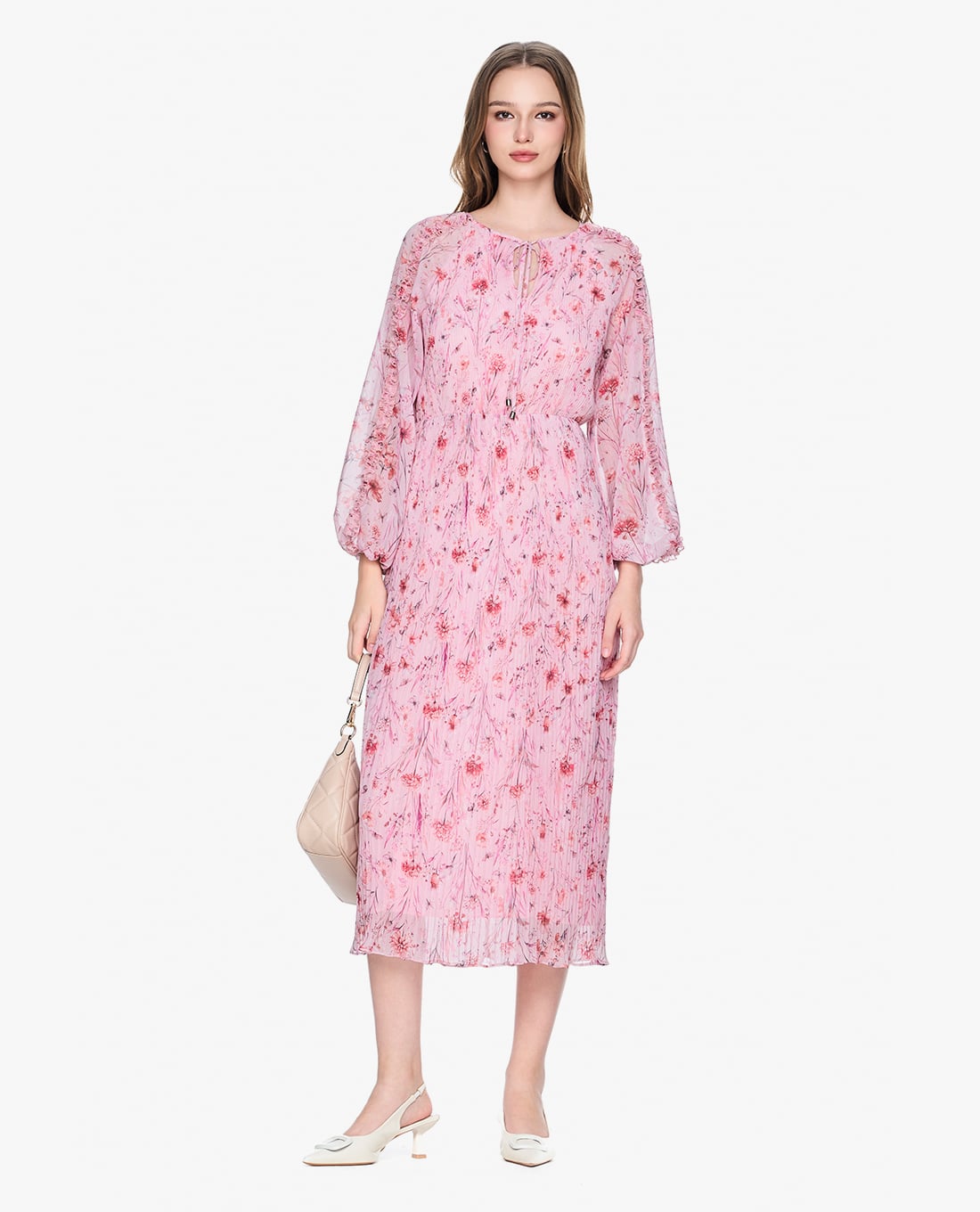 GIGI - Đầm midi cổ tròn tay dài phối hoạ tiết hoa nữ tính