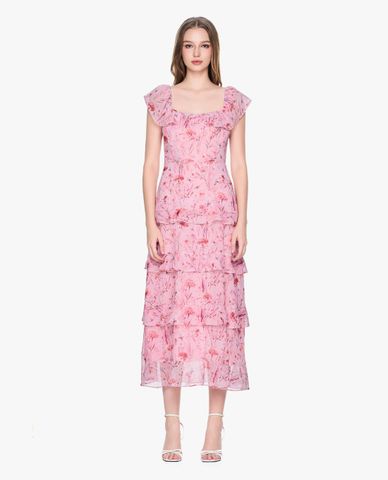  GIGI - Đầm xếp tầng midi cổ vuông tay ngắn trẻ trung 