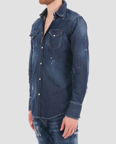  DSQUARED2 - Áo sơ mi nam denim vạt bầu 