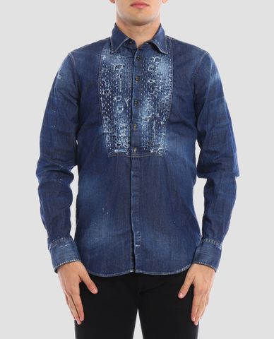  DSQUARED2 - Áo sơ mi nam chi tiết wash bạc rách vải 