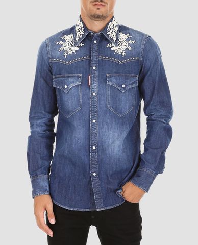  DSQUARED2 - Áo sơ mi nam denim thêu hoa cổ vai Light Blue 