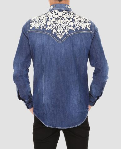  DSQUARED2 - Áo sơ mi nam denim thêu hoa cổ vai Light Blue 