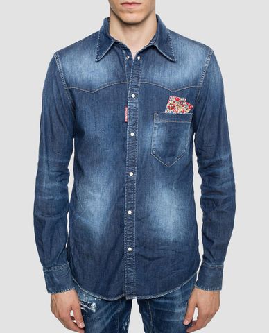  DSQUARED2 - Áo sơ mi nam denim túi hoa Blue 