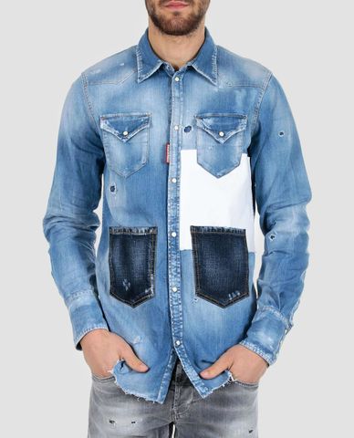  DSQUARED2 - Áo sơ mi nam denim nhiều túi Destroyed 