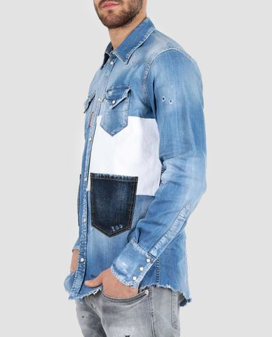  DSQUARED2 - Áo sơ mi nam denim nhiều túi Destroyed 