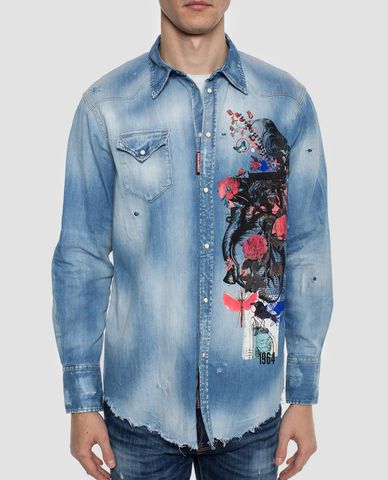  DSQUARED2 - Áo sơ mi nam denim họa tiết in Botanical Military 
