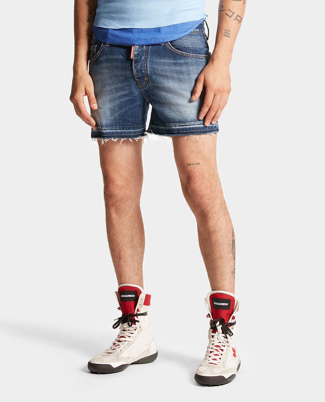 DSQUARED2 - Quần short jeans nam phối wash bạc kèm tua rua Rocco