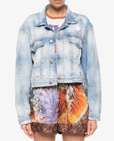  DSQUARED2 - Áo khoác denim nữ cổ gập tay dài phối logo 