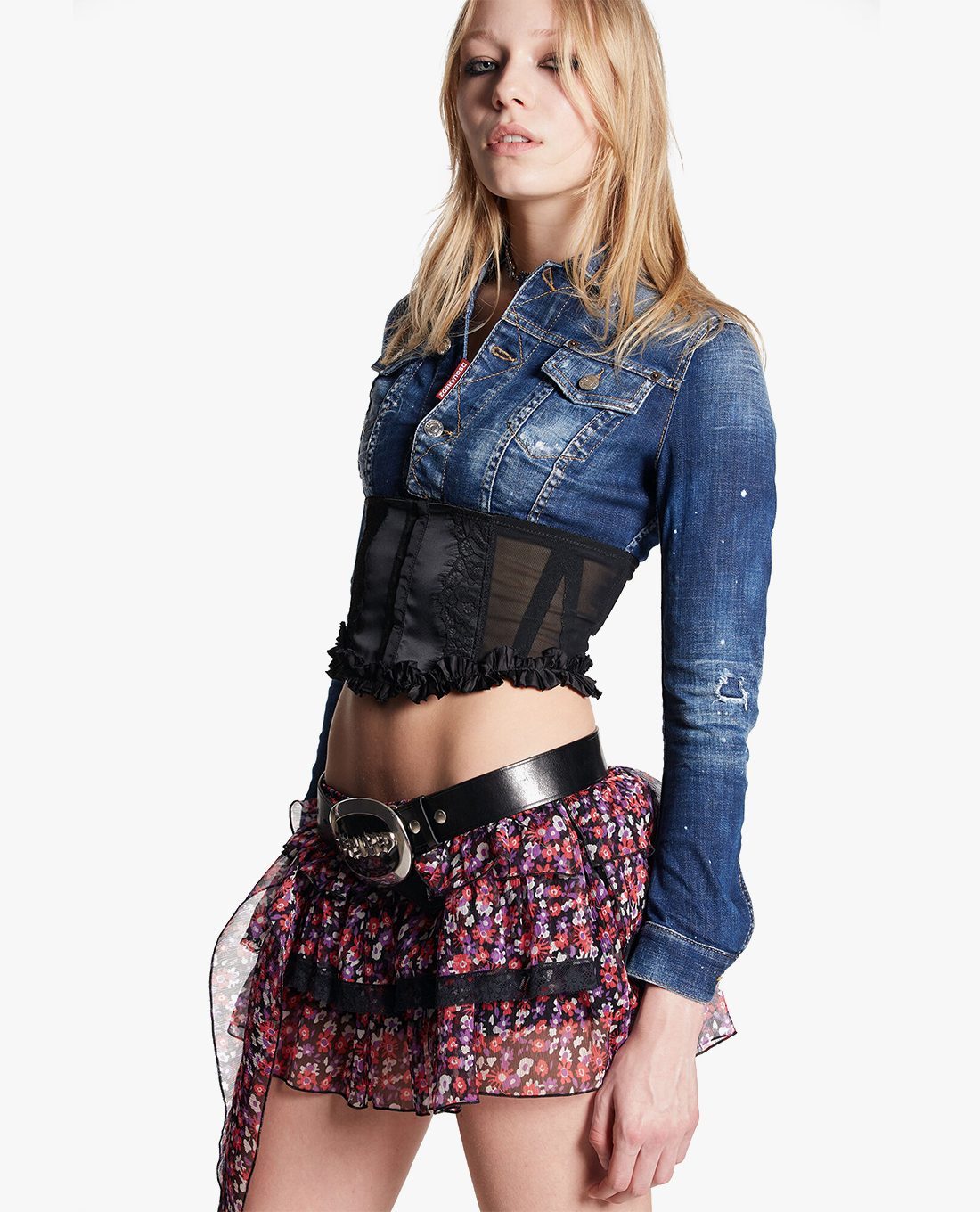 DSQUARED2 - Áo khoác denim nữ phom croptop Cloudy Wash Corset