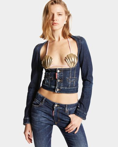  DSQUARED2 - Áo khoác denim nữ tay dài phối nút Stretch 