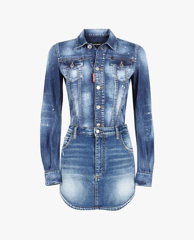 DSQUARED2 - Đầm mini sơ mi denim tay dài phom ôm Round Bottom 