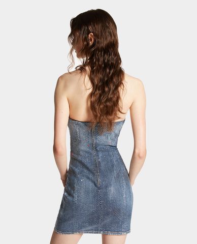  DSQUARED2 - Đầm denim mini cúp ngực đính đá Hollywood 