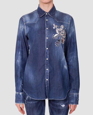  DSQUARED2 - Áo sơ mi nữ denim tay dài Rose Patch 