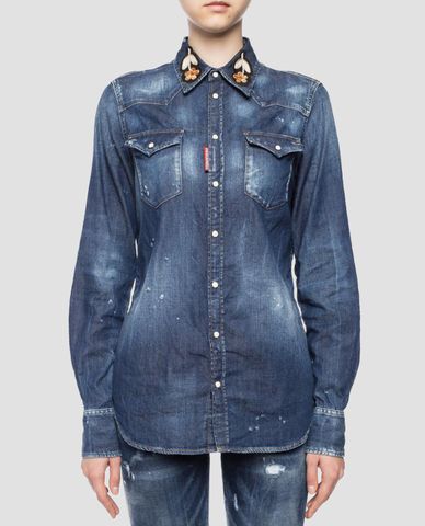  DSQUARED2 - Áo sơ mi nữ denim phối túi vuông cổ gập Flower Patch 
