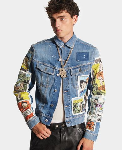  DSQUARED2 - Áo khoác denim nam cổ bẻ tay dài phối hình hoạt hình Betty Boop 
