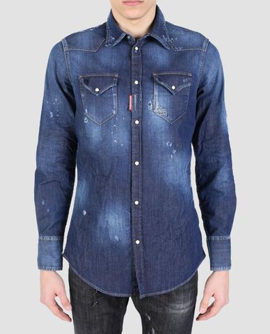  DSQUARED2 - Áo sơ mi nam denim phối túi vuông Distressed 