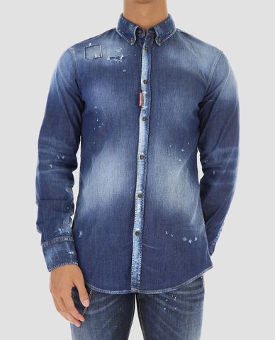  DSQUARED2 - Áo sơ mi nam denim tay dài  Worn Paint Splashed Shirt 