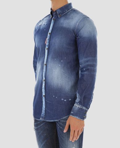  DSQUARED2 - Áo sơ mi nam denim tay dài  Worn Paint Splashed Shirt 
