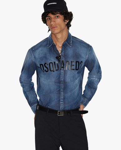  DSQUARED2 - Áo sơ mi denim nam tay dài wash bạc Logo 