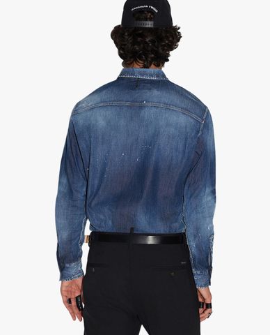  DSQUARED2 - Áo sơ mi denim nam tay dài wash bạc Logo 