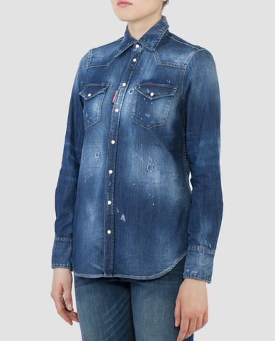  DSQUARED2 - Áo sơ mi nữ denim phối túi vuông Distressed 