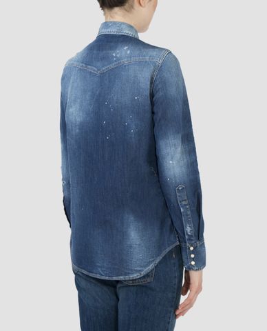  DSQUARED2 - Áo sơ mi nữ denim phối túi vuông Distressed 