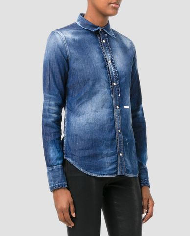  DSQUARED2 - Áo sơ mi nữ denim tay dài phối bèo 