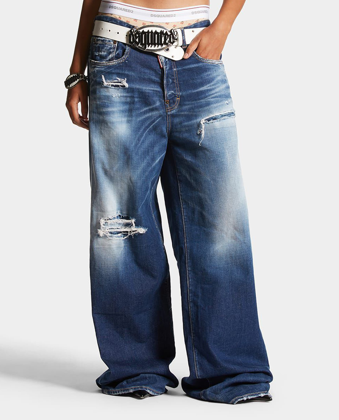DSQUARED2 - Quần jeans nữ ống rộng wash bạc Medium Ripped