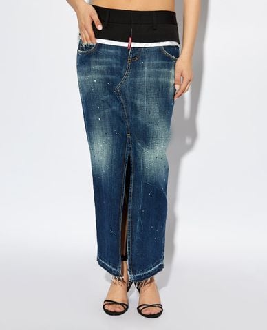  DSQUARED2 - Chân váy denim midi xẻ tà wash bạc cá tính 