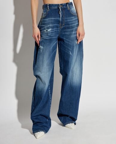  DSQUARED2 - Quần jeans nữ ống rộng phom suông wash bạc Amelia 